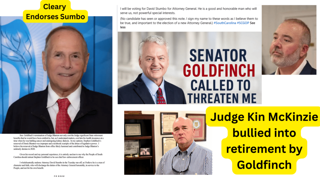 Ray Cleary Endorses Stumbo in SC AG Runoff amid Goldfinch bullying Judges, firing Judges, and bullying SC Treasurer MyrtleBeachSC News